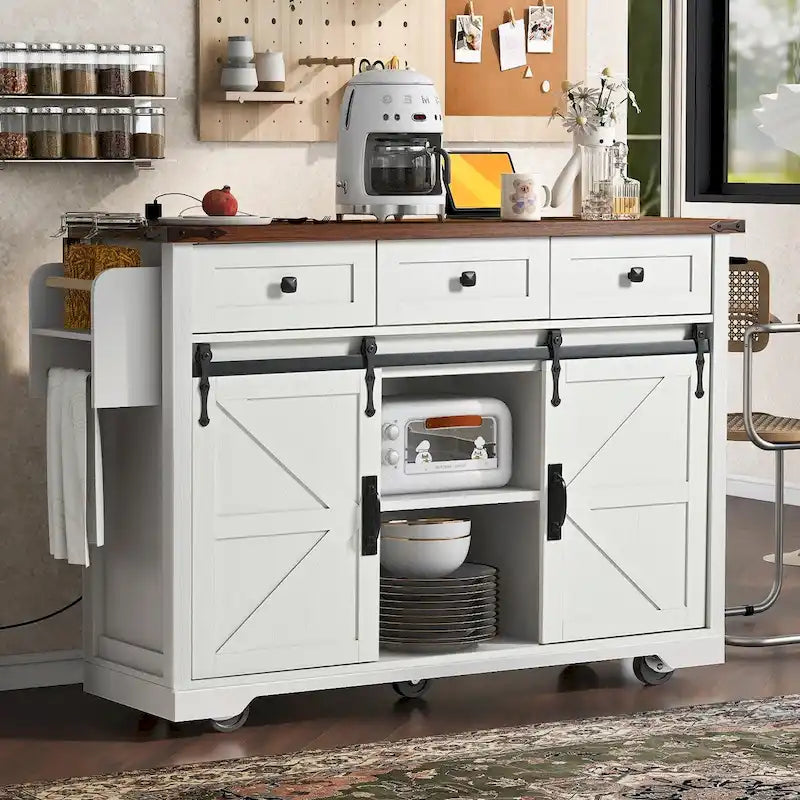 53.5 Farmhouse Kitchen Island with Power Outlet, Drop Leaf, Spice Rack, Drawer, and Wheels