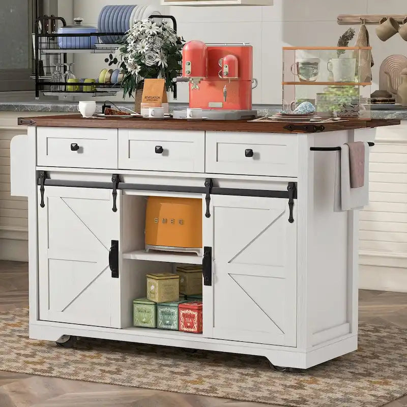 53.5 Farmhouse Kitchen Island with Power Outlet, Drop Leaf, Spice Rack, Drawer, and Wheels