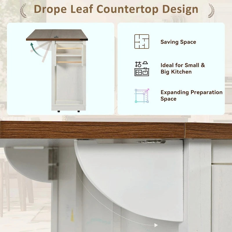 53.5 Farmhouse Kitchen Island with Power Outlet, Drop Leaf, Spice Rack, Drawer, and Wheels
