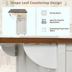 53.5 Farmhouse Kitchen Island with Power Outlet, Drop Leaf, Spice Rack, Drawer, and Wheels
