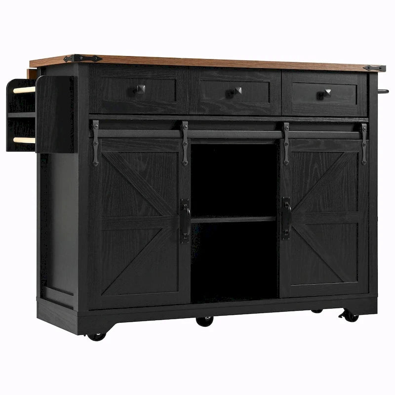 53.5 Farmhouse Kitchen Island with Power Outlet, Drop Leaf, Spice Rack, Drawer, and Wheels