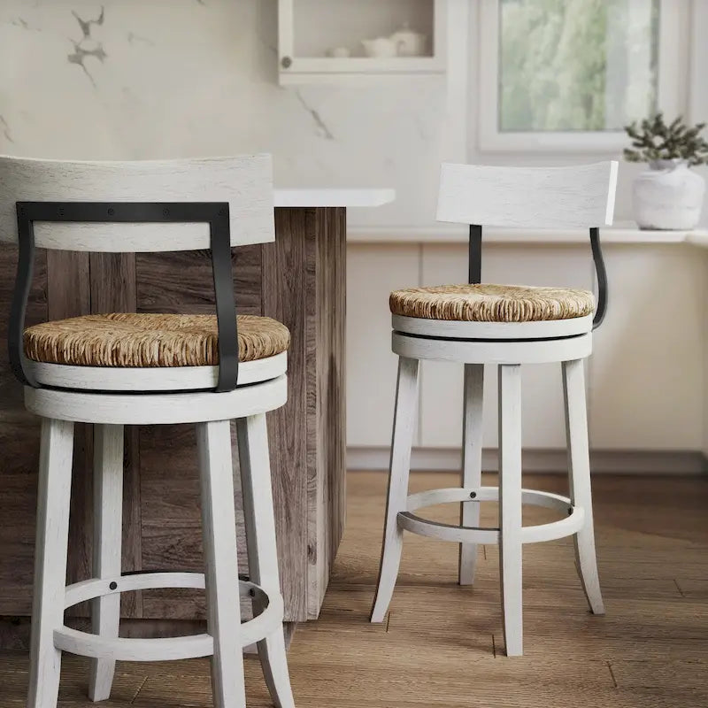 Farmhouse Swivel Wood and Steel Bar Stool with Natural Seagrass Seat