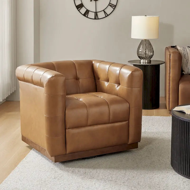 JeremiasMid-certury Modern GenuineLeatherTufted SwivelClubChair with Wooden Apron by HULALA HOME