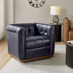 JeremiasMid-certury Modern GenuineLeatherTufted SwivelClubChair with Wooden Apron by HULALA HOME