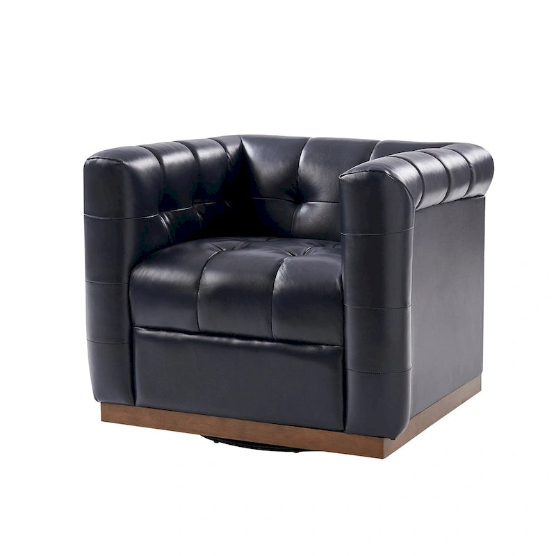 JeremiasMid-certury Modern GenuineLeatherTufted SwivelClubChair with Wooden Apron by HULALA HOME