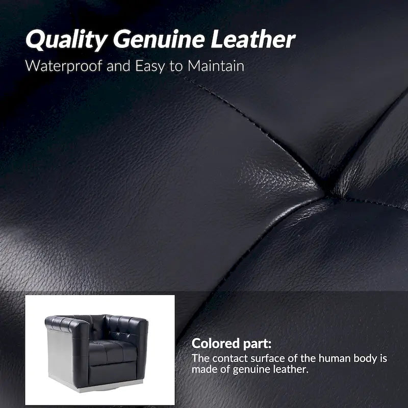 JeremiasMid-certury Modern GenuineLeatherTufted SwivelClubChair with Wooden Apron by HULALA HOME