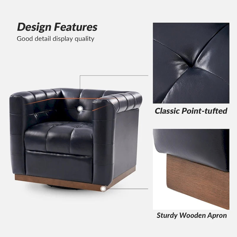 JeremiasMid-certury Modern GenuineLeatherTufted SwivelClubChair with Wooden Apron by HULALA HOME