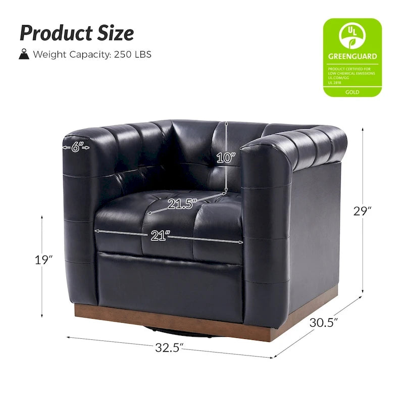 JeremiasMid-certury Modern GenuineLeatherTufted SwivelClubChair with Wooden Apron by HULALA HOME
