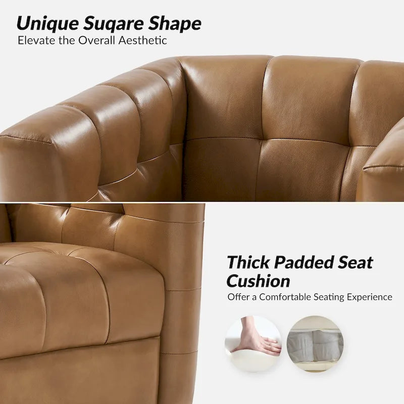 JeremiasMid-certury Modern GenuineLeatherTufted SwivelClubChair with Wooden Apron by HULALA HOME