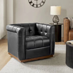 JeremiasMid-certury Modern GenuineLeatherTufted SwivelClubChair with Wooden Apron by HULALA HOME