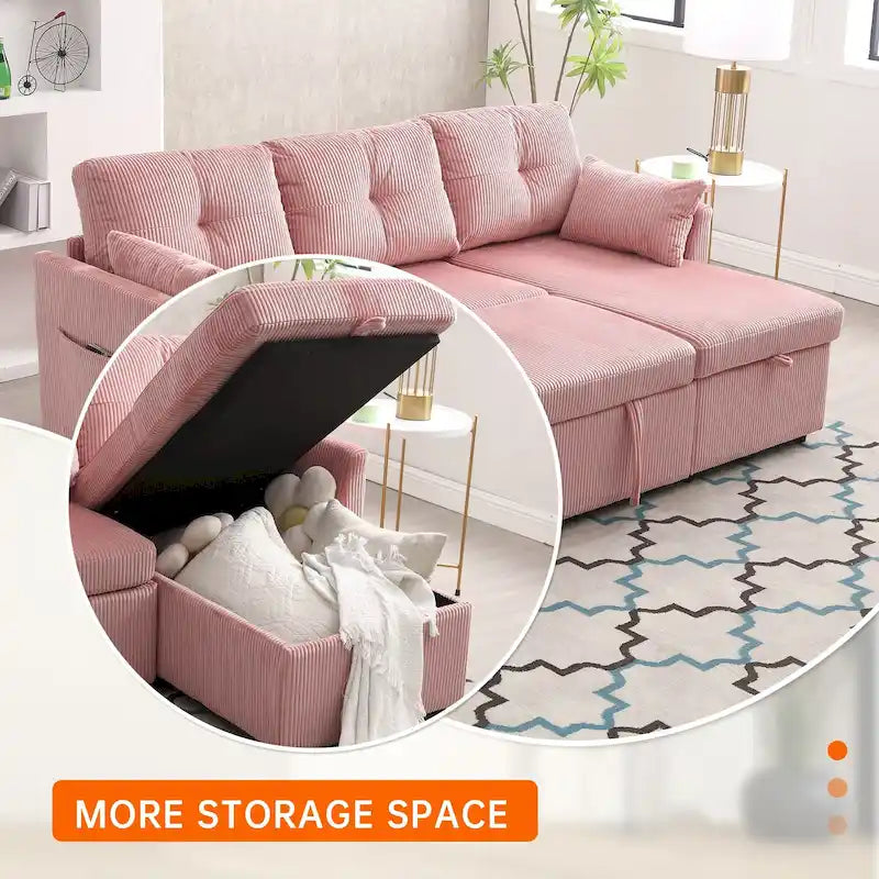 Corduroy/Chenille Upholstered L-Shaped Storage Reversible Chaise Sectional Sofa with Side Pocket