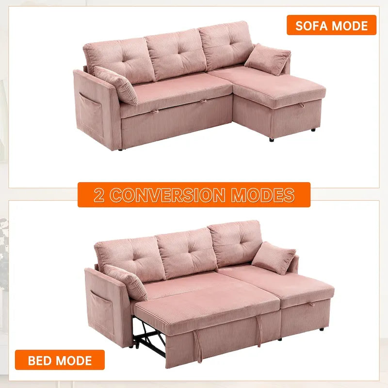 Corduroy/Chenille Upholstered L-Shaped Storage Reversible Chaise Sectional Sofa with Side Pocket