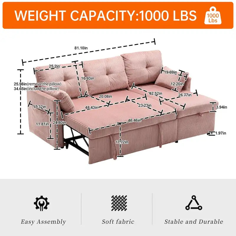 Corduroy/Chenille Upholstered L-Shaped Storage Reversible Chaise Sectional Sofa with Side Pocket