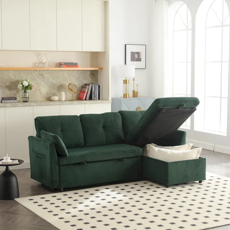 Corduroy/Chenille Upholstered L-Shaped Storage Reversible Chaise Sectional Sofa with Side Pocket