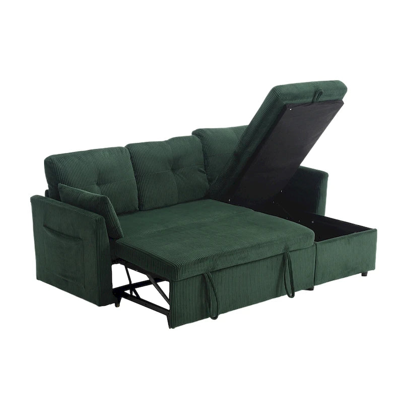 Corduroy/Chenille Upholstered L-Shaped Storage Reversible Chaise Sectional Sofa with Side Pocket