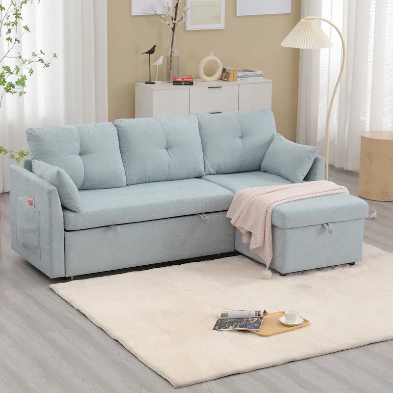 Corduroy/Chenille Upholstered L-Shaped Storage Reversible Chaise Sectional Sofa with Side Pocket
