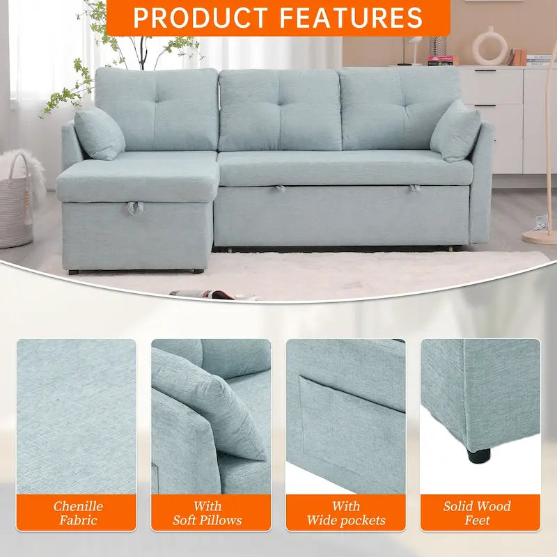 Corduroy/Chenille Upholstered L-Shaped Storage Reversible Chaise Sectional Sofa with Side Pocket