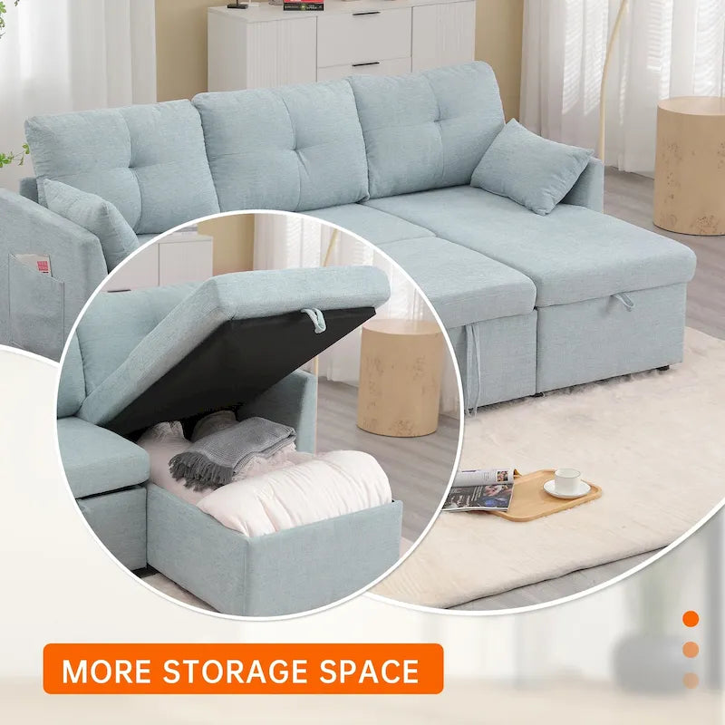 Corduroy/Chenille Upholstered L-Shaped Storage Reversible Chaise Sectional Sofa with Side Pocket