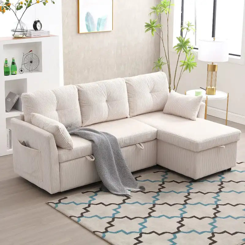 Corduroy/Chenille Upholstered L-Shaped Storage Reversible Chaise Sectional Sofa with Side Pocket