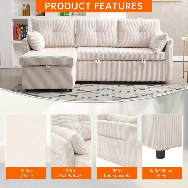 Corduroy/Chenille Upholstered L-Shaped Storage Reversible Chaise Sectional Sofa with Side Pocket