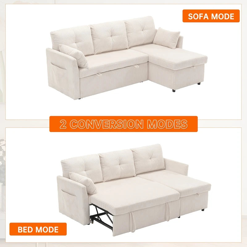 Corduroy/Chenille Upholstered L-Shaped Storage Reversible Chaise Sectional Sofa with Side Pocket