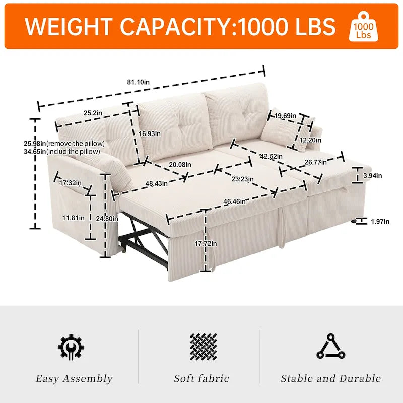 Corduroy/Chenille Upholstered L-Shaped Storage Reversible Chaise Sectional Sofa with Side Pocket