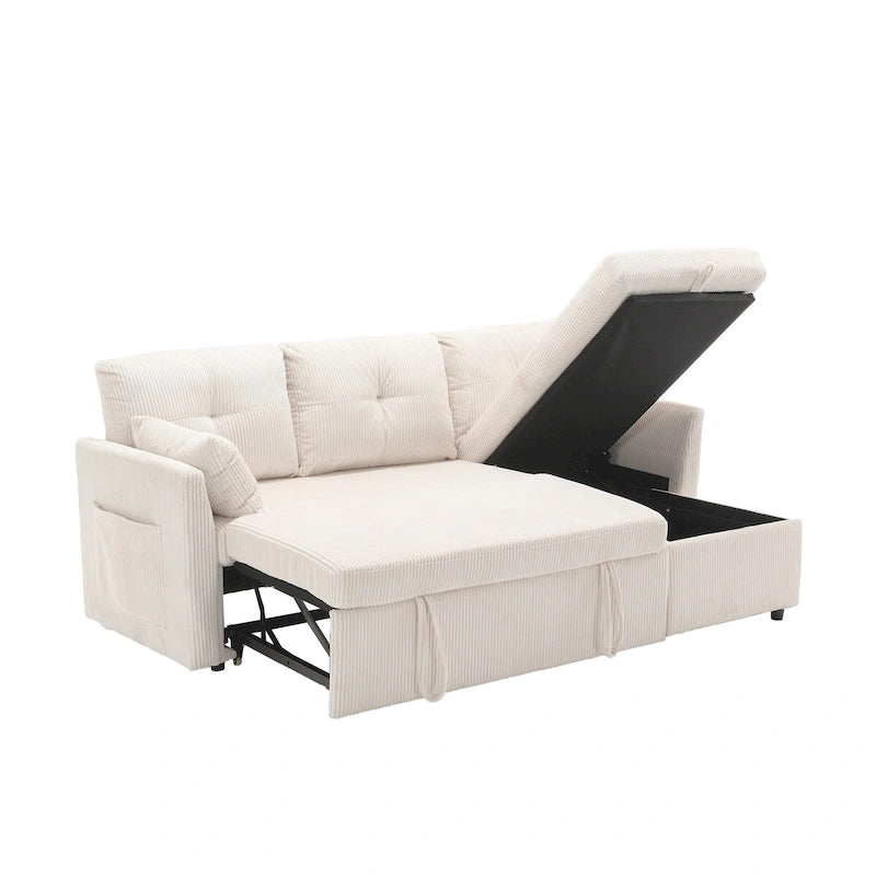 Corduroy/Chenille Upholstered L-Shaped Storage Reversible Chaise Sectional Sofa with Side Pocket