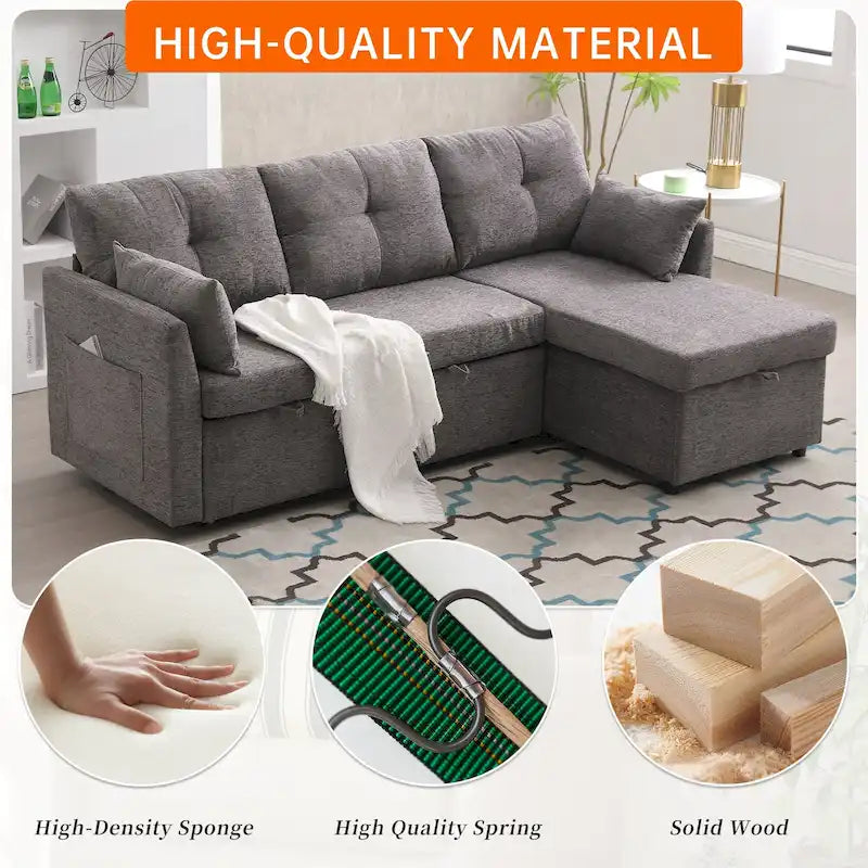 Corduroy/Chenille Upholstered L-Shaped Storage Reversible Chaise Sectional Sofa with Side Pocket