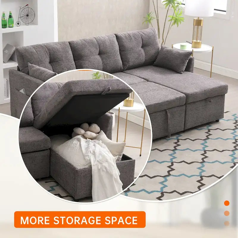 Corduroy/Chenille Upholstered L-Shaped Storage Reversible Chaise Sectional Sofa with Side Pocket