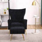 Upholstered Wingback Chair with Matching Ottoman – Gold Legs, Spring Support