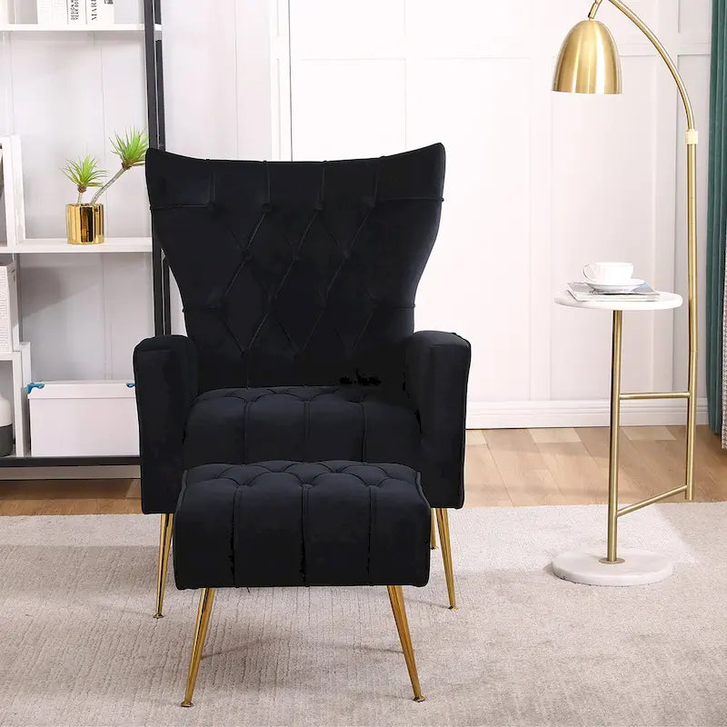 Upholstered Wingback Chair with Matching Ottoman – Gold Legs, Spring Support