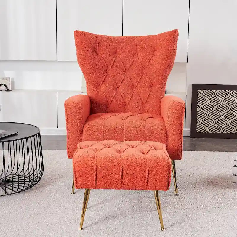 Upholstered Wingback Chair with Matching Ottoman – Gold Legs, Spring Support