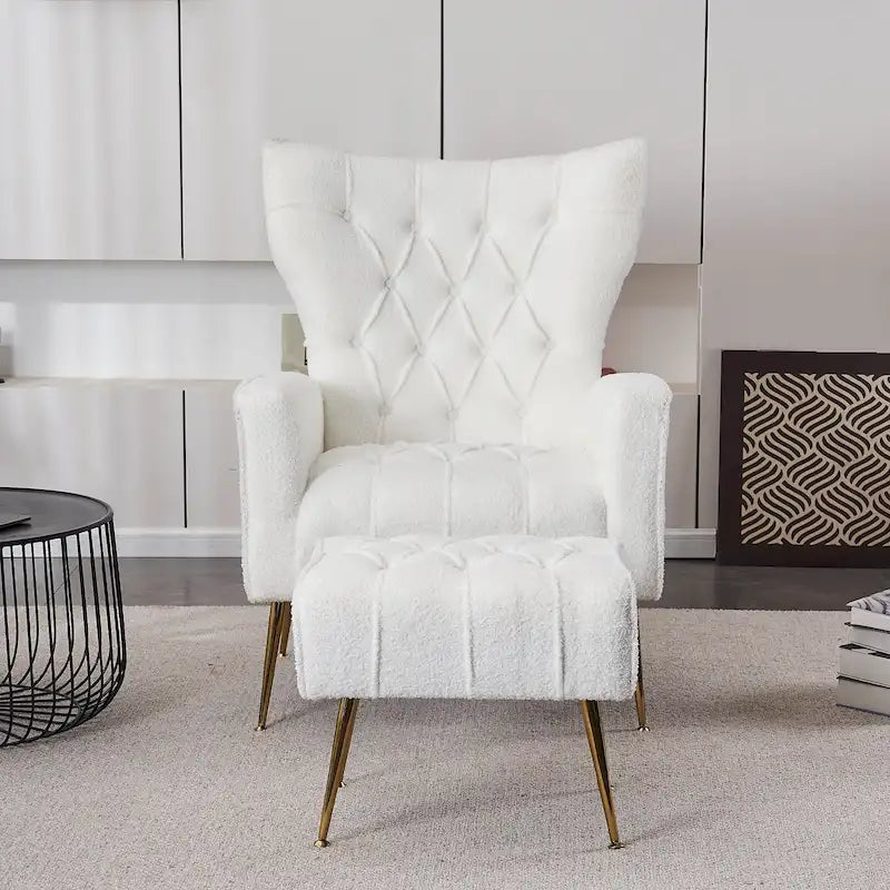 Upholstered Wingback Chair with Matching Ottoman – Gold Legs, Spring Support