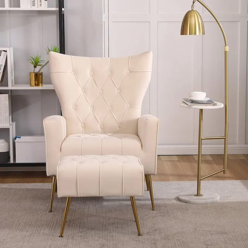 Upholstered Wingback Chair with Matching Ottoman – Gold Legs, Spring Support