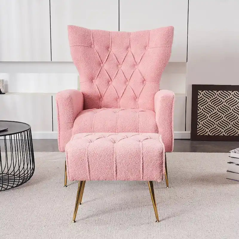 Upholstered Wingback Chair with Matching Ottoman – Gold Legs, Spring Support