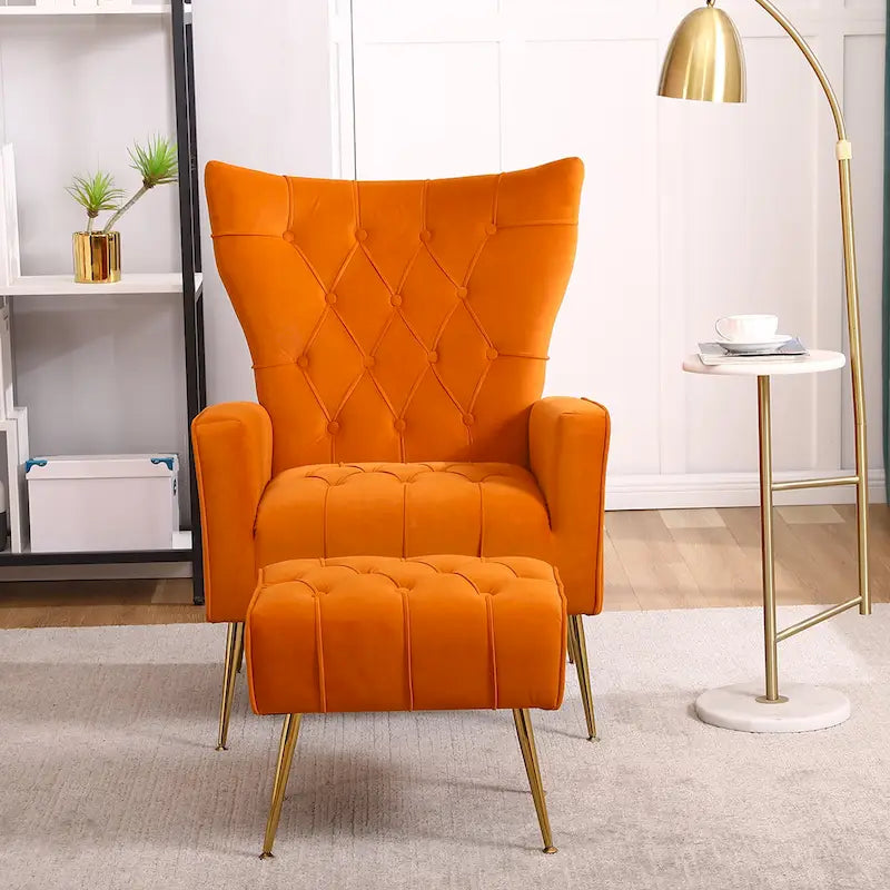 Upholstered Wingback Chair with Matching Ottoman – Gold Legs, Spring Support
