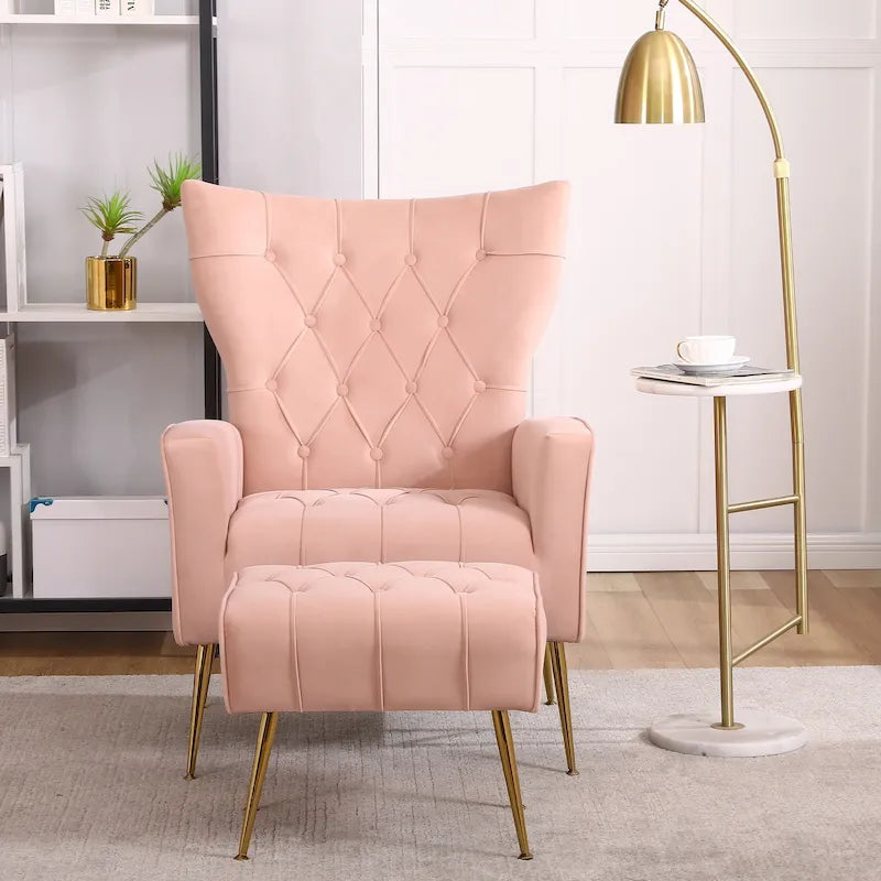 Upholstered Wingback Chair with Matching Ottoman – Gold Legs, Spring Support