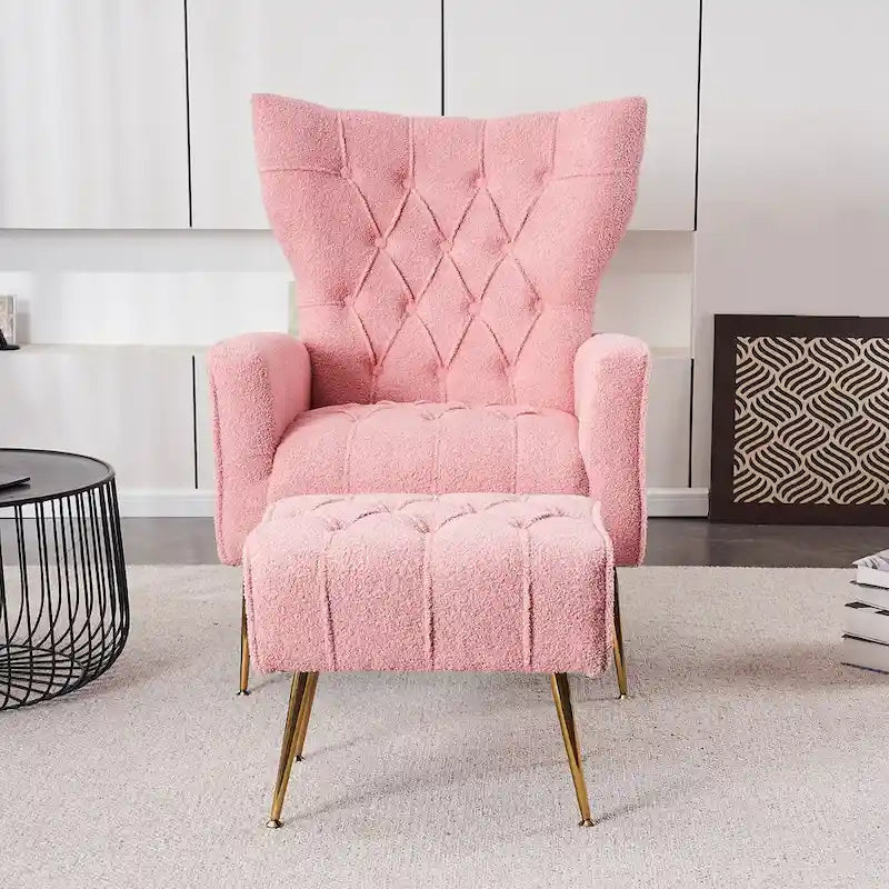 Upholstered Wingback Chair with Matching Ottoman – Gold Legs, Spring Support