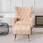 Upholstered Wingback Chair with Matching Ottoman – Gold Legs, Spring Support
