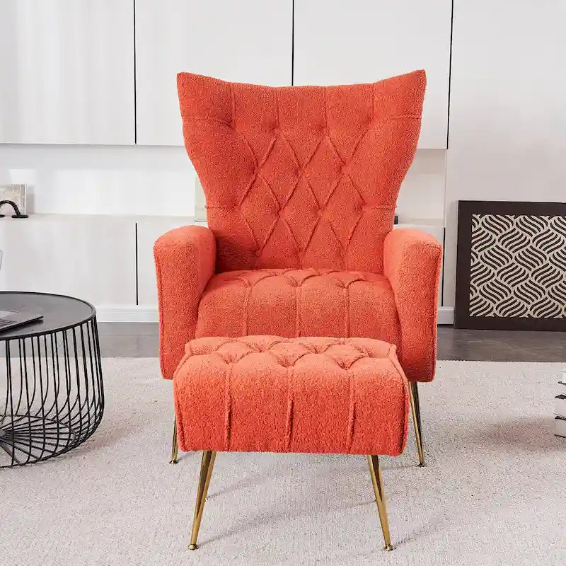 Upholstered Wingback Chair with Matching Ottoman – Gold Legs, Spring Support