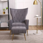 Upholstered Wingback Chair with Matching Ottoman – Gold Legs, Spring Support