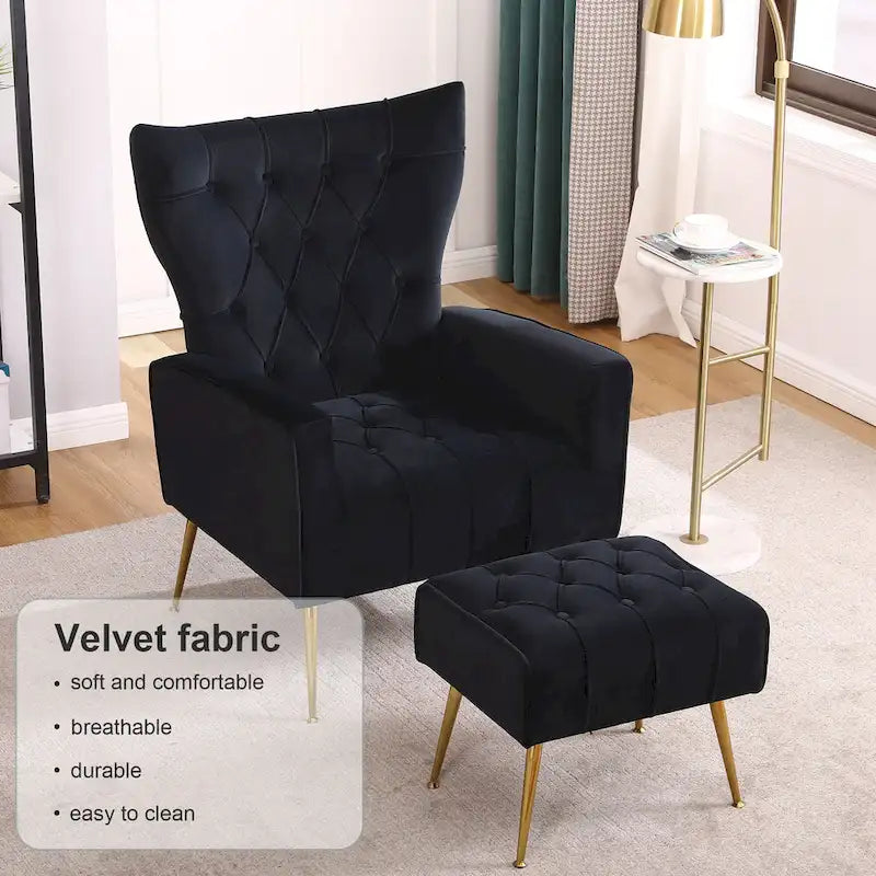 Upholstered Wingback Chair with Matching Ottoman – Gold Legs, Spring Support
