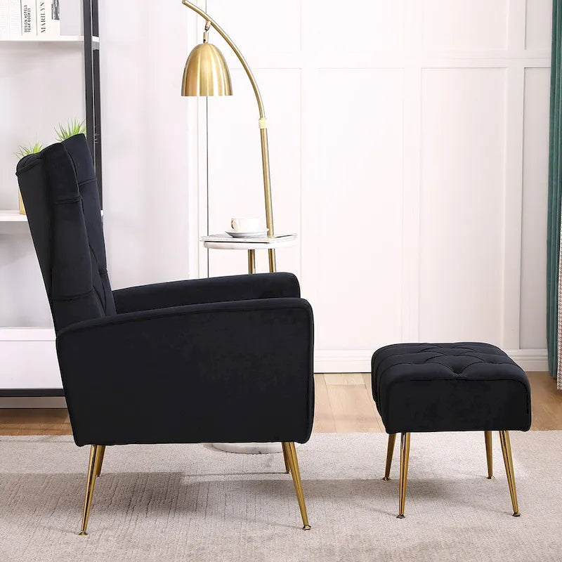 Upholstered Wingback Chair with Matching Ottoman – Gold Legs, Spring Support