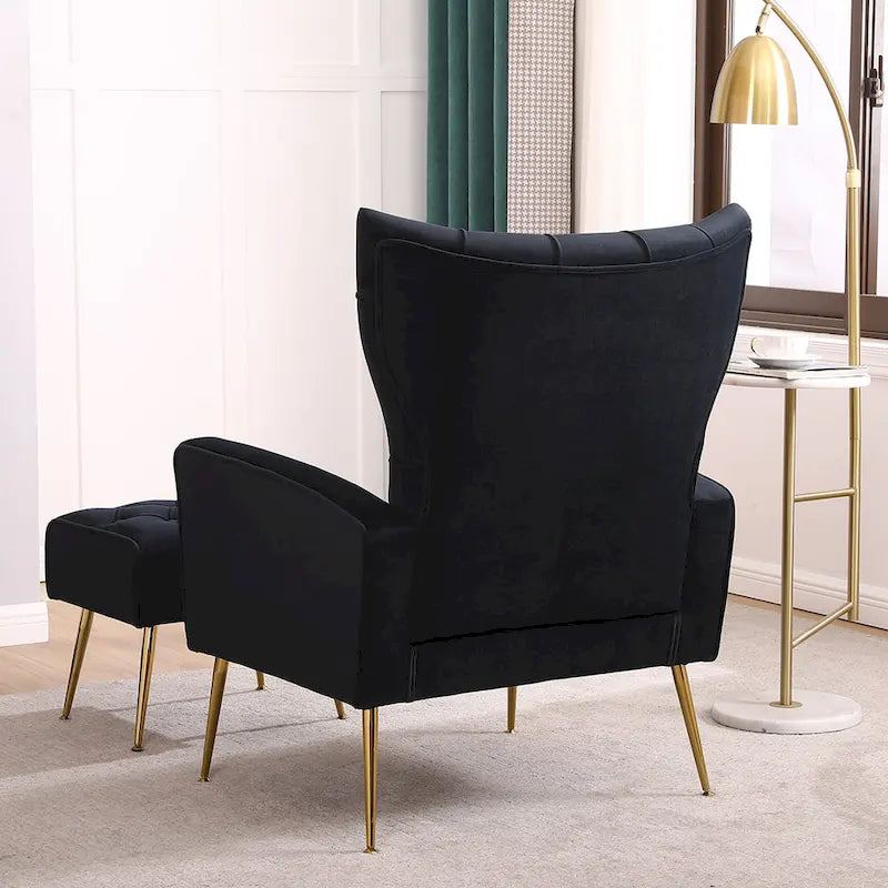 Upholstered Wingback Chair with Matching Ottoman – Gold Legs, Spring Support