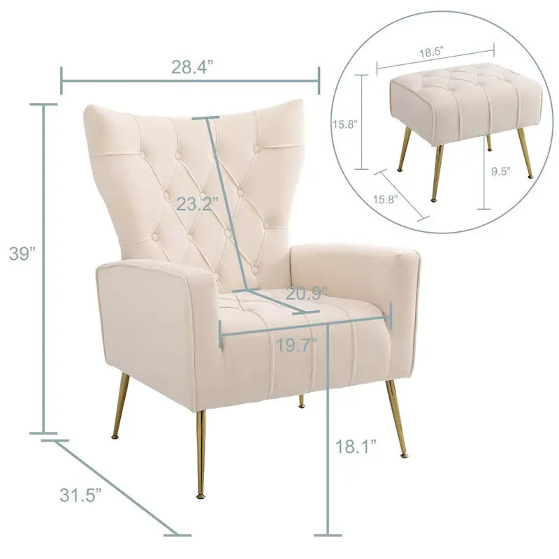 Upholstered Wingback Chair with Matching Ottoman – Gold Legs, Spring Support
