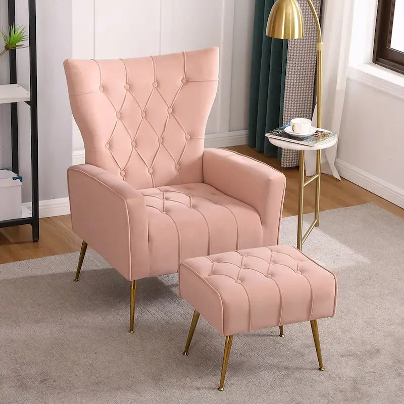 Upholstered Wingback Chair with Matching Ottoman – Gold Legs, Spring Support