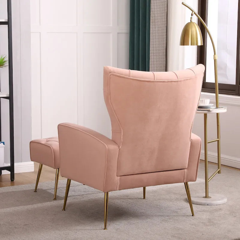 Upholstered Wingback Chair with Matching Ottoman – Gold Legs, Spring Support
