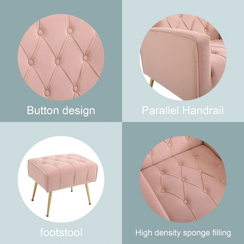 Upholstered Wingback Chair with Matching Ottoman – Gold Legs, Spring Support