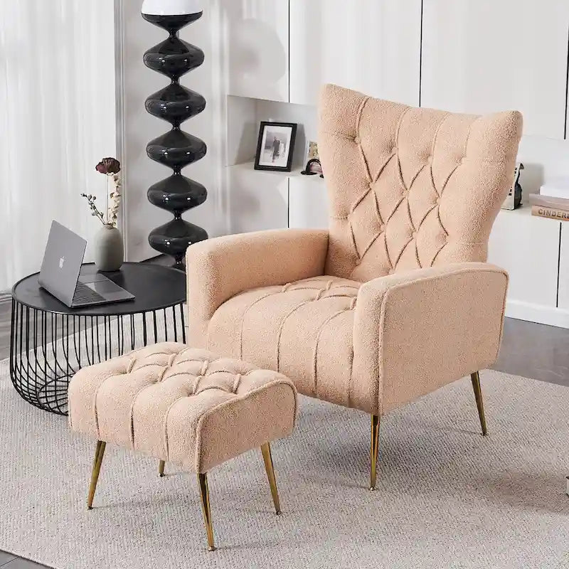 Upholstered Wingback Chair with Matching Ottoman – Gold Legs, Spring Support