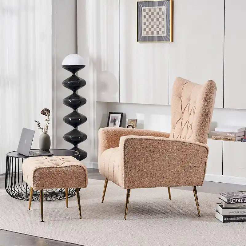 Upholstered Wingback Chair with Matching Ottoman – Gold Legs, Spring Support